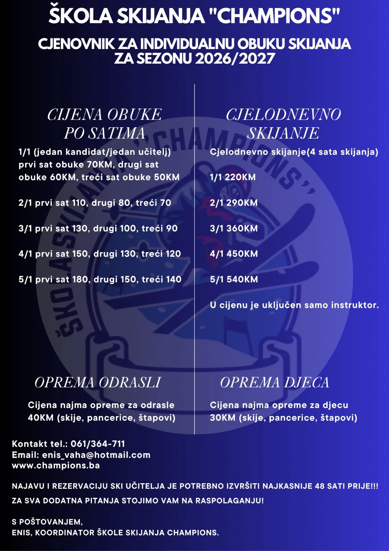 Cjenovnik individualne obuke skijanja za sezonu 2026./2027.