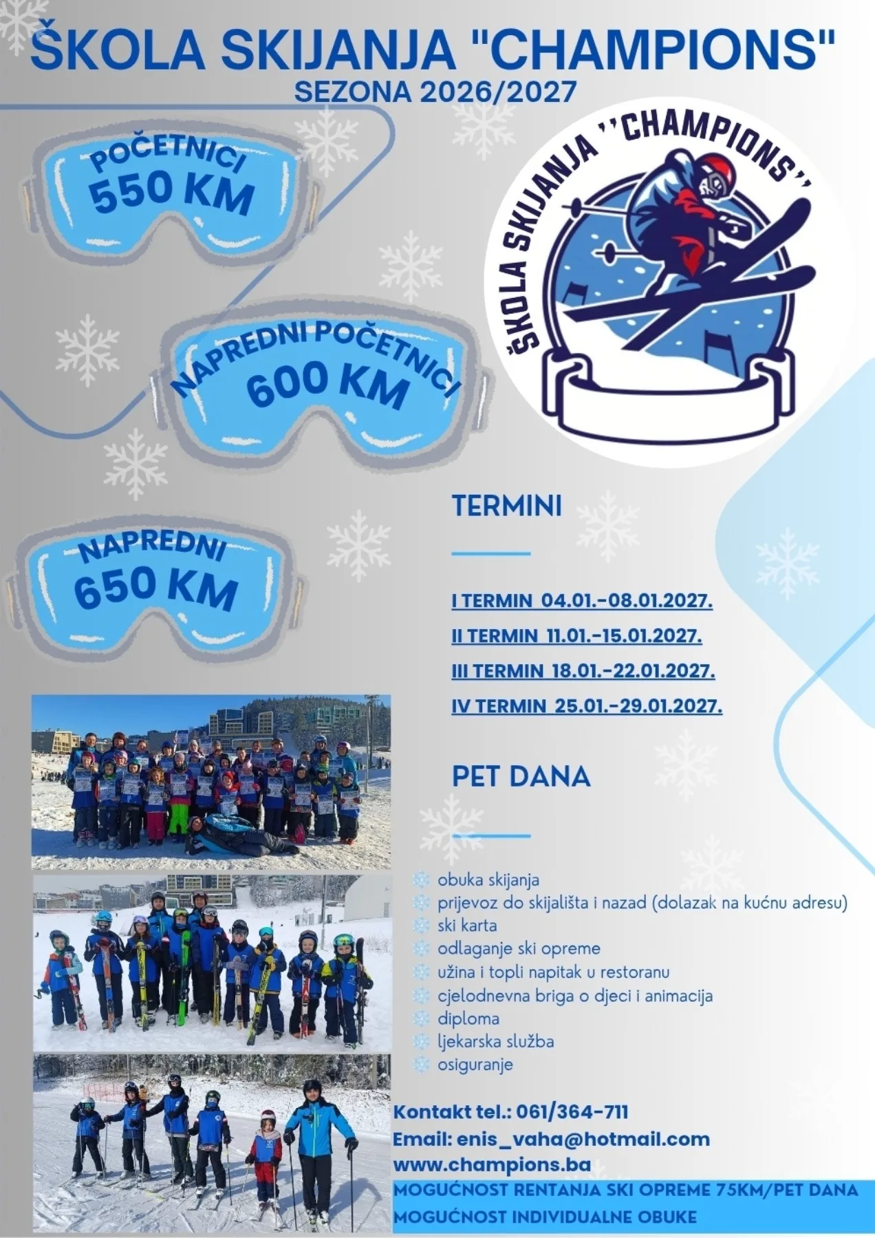 Cijene obuke u školi skijanja Champions za sezonu 2026./2027.